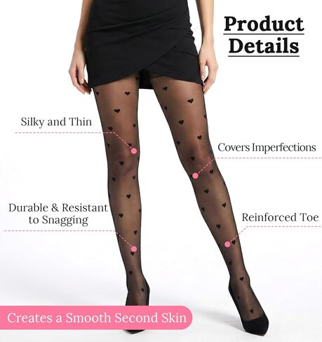 Heart Tights, Black Fishnet Pattern Tights with Hearts & Polka Dots for Women – Sexy Sheer Pantyhose Stockings One Size in Saudi Arabia