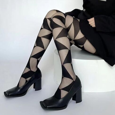 Halloween Square Rhombus Grid Tights Women's Black Sheer Plaid Tights Stockings Y2k Gothic Lace Pantyhose for Women Girls Halloween Cosplay Party Accessories in Saudi Arabia