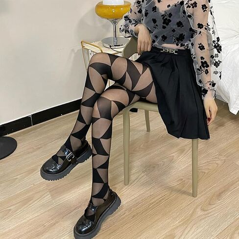 Halloween Square Rhombus Grid Tights Women's Black Sheer Plaid Tights Stockings Y2k Gothic Lace Pantyhose for Women Girls Halloween Cosplay Party Accessories in Saudi Arabia