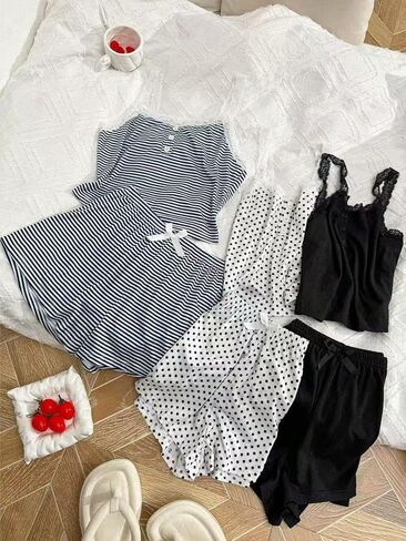 Women's Casual Three-piece Set, Six-piece Pack, Color-block Lace Trim Camisole and Shorts Pajama Set in Kuwait