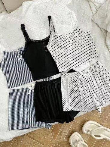 Women's Casual Three-piece Set, Six-piece Pack, Color-block Lace Trim Camisole and Shorts Pajama Set in Kuwait