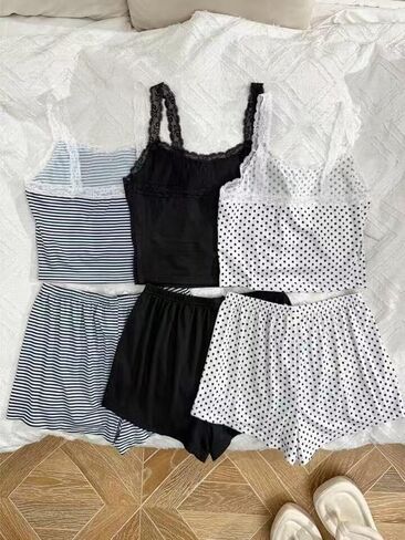 Women's Casual Three-piece Set, Six-piece Pack, Color-block Lace Trim Camisole and Shorts Pajama Set in Kuwait