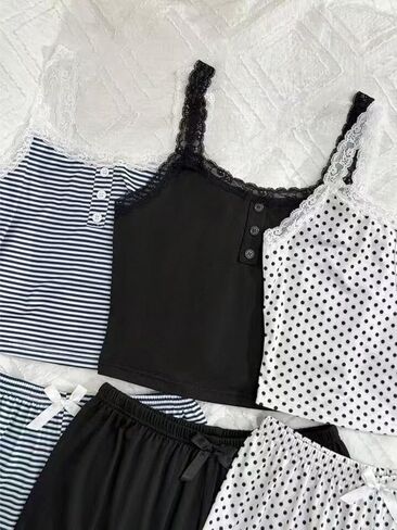 Women's Casual Three-piece Set, Six-piece Pack, Color-block Lace Trim Camisole and Shorts Pajama Set in Kuwait