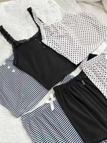 Women's Casual Three-piece Set, Six-piece Pack, Color-block Lace Trim Camisole and Shorts Pajama Set in Kuwait