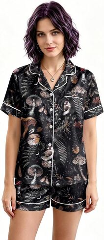 Women's Satin Pajama Set Short Sleeve Button Down Gothic Sleepwear with Pockets in Saudi Arabia