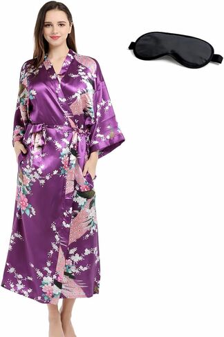 Women’s Long Kimono Robe Over the Knee Satin Peacock Floral Lightweight Sleepwear with Black Sleep Mask in Kuwait
