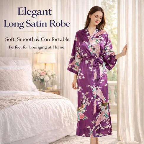 Women’s Long Kimono Robe Over the Knee Satin Peacock Floral Lightweight Sleepwear with Black Sleep Mask in Kuwait