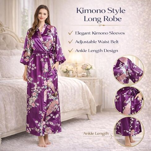 Women’s Long Kimono Robe Over the Knee Satin Peacock Floral Lightweight Sleepwear with Black Sleep Mask in Kuwait