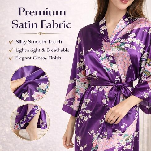 Women’s Long Kimono Robe Over the Knee Satin Peacock Floral Lightweight Sleepwear with Black Sleep Mask in Kuwait