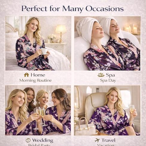 Women’s Long Kimono Robe Over the Knee Satin Peacock Floral Lightweight Sleepwear with Black Sleep Mask in Kuwait