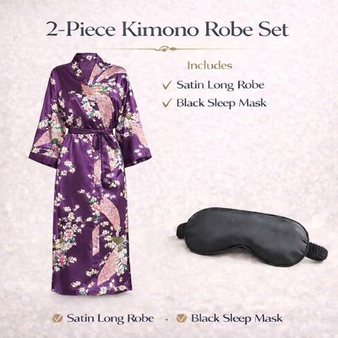 Women’s Long Kimono Robe Over the Knee Satin Peacock Floral Lightweight Sleepwear with Black Sleep Mask in Kuwait