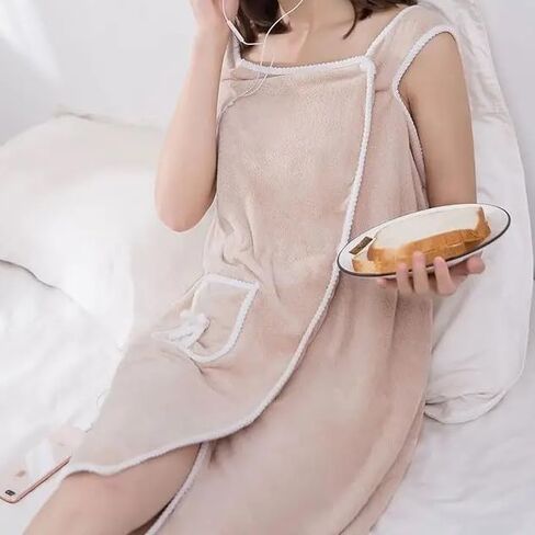 Bathrobes Wearable Quick-Dry Shower Wrap for Women,Wearable After Bath Towel Set,Towel Dress with Pocket Adjustable Spa Bathrobe Travel-Friendly Bath Wrap(Khaki) in Kuwait