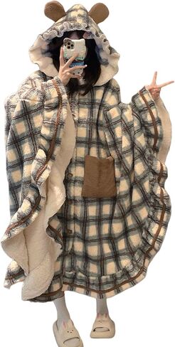 Plaid Hooded Cloak Plush Pajamas Robe Cute fuzzy Women's Winter Fleece Bathrobe with Pockets kawaii Loungewear in Saudi Arabia