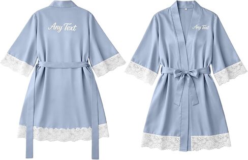 Custom Satin Robe for Women, Personalized Name Kimono Sleepwear with Lace Trim Sleeve Tie Front Soft Bridal Robe in Kuwait