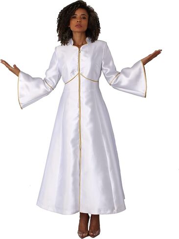 Tally Taylor Women’s Elegant Church Attire - One-Piece Cassock Robe with Rhinestone Trim – Sizes 8 to 18 - Black Royal White (US, Numeric, 18, Regular, Regular, White/Gold) in Saudi Arabia