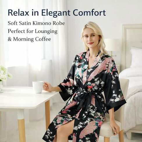 Women’s Floral Satin Kimono Robe Short Lightweight Getting Ready Robe Soft Bathrobe Bridesmaid Sleepwear in Saudi Arabia