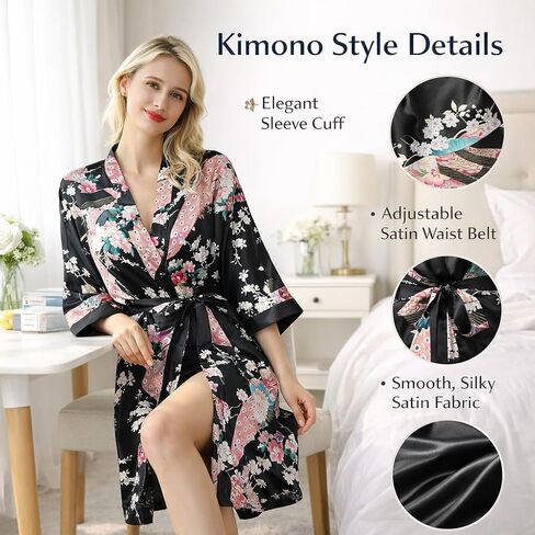 Women’s Floral Satin Kimono Robe Short Lightweight Getting Ready Robe Soft Bathrobe Bridesmaid Sleepwear in Saudi Arabia
