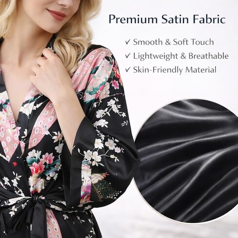 Women’s Floral Satin Kimono Robe Short Lightweight Getting Ready Robe Soft Bathrobe Bridesmaid Sleepwear in Saudi Arabia