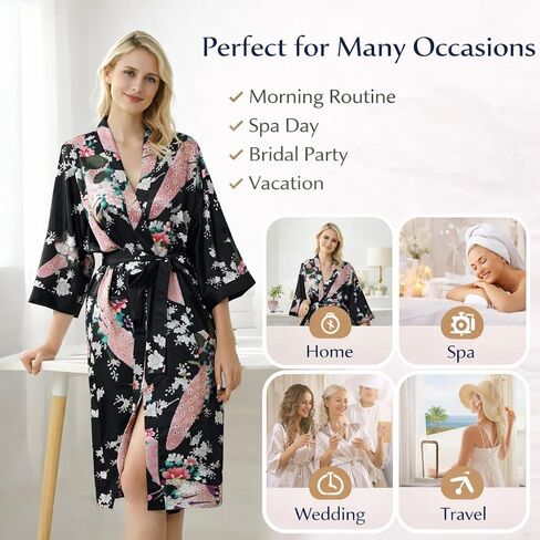 Women’s Floral Satin Kimono Robe Short Lightweight Getting Ready Robe Soft Bathrobe Bridesmaid Sleepwear in Saudi Arabia