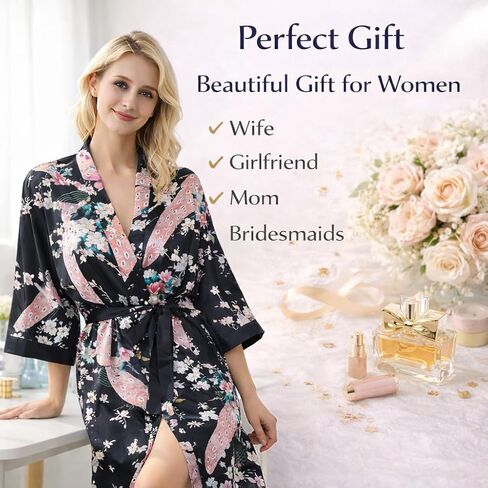 Women’s Floral Satin Kimono Robe Short Lightweight Getting Ready Robe Soft Bathrobe Bridesmaid Sleepwear in Saudi Arabia