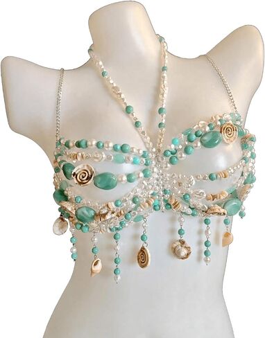 Mermaid Shell Bead Body Chain Bra, Turquoise and Pearl, Boho Beach Festival Top with Dangling Shells（Pearl Shell） in Saudi Arabia