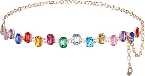 Colorful Rhinestone Chain Belt Rainbow Belt Metal Belly Chain for Women Y2K Waist Chains Adjustable Cute Decorative Accessories for Dresses Jeans in Kuwait