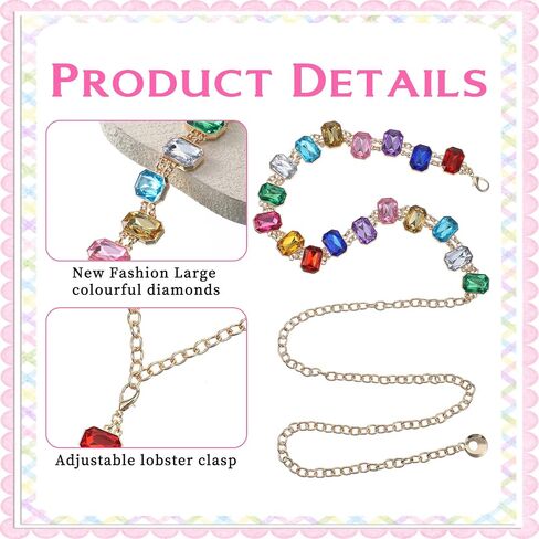 Colorful Rhinestone Chain Belt Rainbow Belt Metal Belly Chain for Women Y2K Waist Chains Adjustable Cute Decorative Accessories for Dresses Jeans in Kuwait