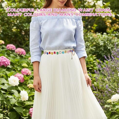 Colorful Rhinestone Chain Belt Rainbow Belt Metal Belly Chain for Women Y2K Waist Chains Adjustable Cute Decorative Accessories for Dresses Jeans in Kuwait