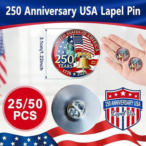 25/50PCS 250th Anniversary USA Lapel Pin – 1.2-Inch Resin-Coated US Patriot Collectible Accessories, Bulk 250th Merchandise Pins for Independence Day, 4th of July, Veterans Day – Souvenir Gifts in Saudi Arabia