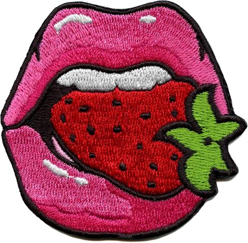 Pink Lips Biting Strawberry Patch Healthy Fruit Embroidered Iron On in Kuwait
