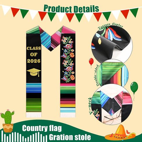 2026 Mexican Graduation Stole & Honor Cords Sash, Hispanic Printed Mexico Graduation Sash Sarape in Saudi Arabia