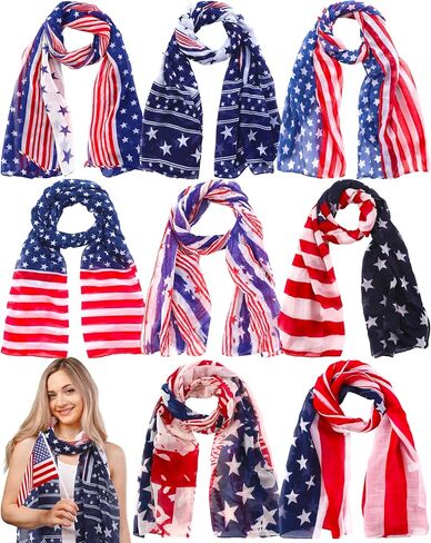 Shyyween 8 Pcs Patriotic American Flag Scarf 4th of July Long Shawl Unisex Chiffon Red White Blue USA Flag Scarf 35 x 71 Inch for Election Day Independence Day Gift in Kuwait