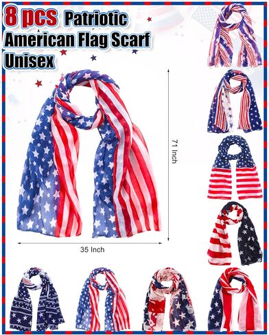 Shyyween 8 Pcs Patriotic American Flag Scarf 4th of July Long Shawl Unisex Chiffon Red White Blue USA Flag Scarf 35 x 71 Inch for Election Day Independence Day Gift in Kuwait