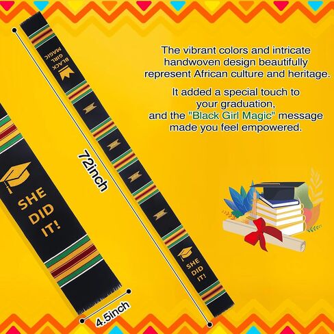 Black Girl Magic Graduation Stole She Did It, Kente Graduation Stole Class of 2026, Authentic Kente Pattern She Did It, Unisex Adult African Art Kente Vibrant Colors Sash Stole Scarf 70 Inches Long in Saudi Arabia