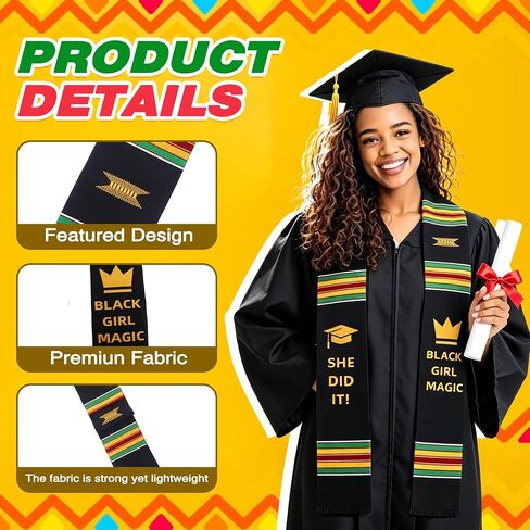 Black Girl Magic Graduation Stole She Did It, Kente Graduation Stole Class of 2026, Authentic Kente Pattern She Did It, Unisex Adult African Art Kente Vibrant Colors Sash Stole Scarf 70 Inches Long in Saudi Arabia