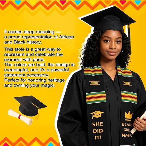Black Girl Magic Graduation Stole She Did It, Kente Graduation Stole Class of 2026, Authentic Kente Pattern She Did It, Unisex Adult African Art Kente Vibrant Colors Sash Stole Scarf 70 Inches Long in Saudi Arabia