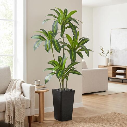 Artificial Dracaena Tree Artificial Silk Tree Faux Tree Fake Tropical Yucca Floor Plant with White Tall Planter (1, White Tall Planter, 6FT) in Saudi Arabia