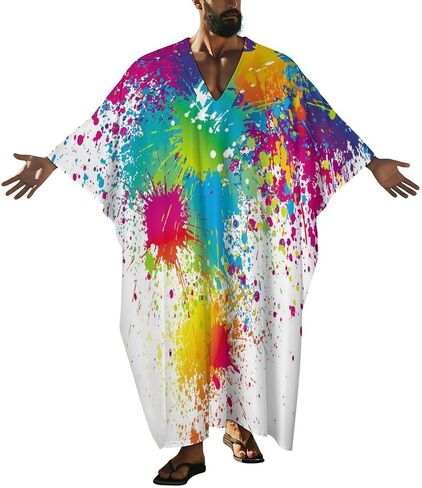 Funny Paint Drop Splatter Colorful Print Men's V-neck Robe Middle East Arabian Robe Butterfly Sleeves Kaftan 3XL in Saudi Arabia