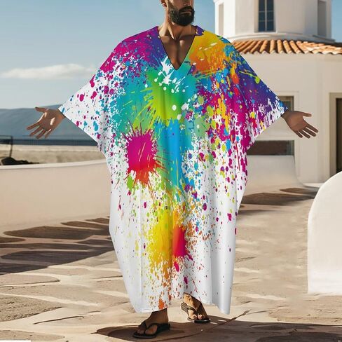 Funny Paint Drop Splatter Colorful Print Men's V-neck Robe Middle East Arabian Robe Butterfly Sleeves Kaftan 3XL in Saudi Arabia
