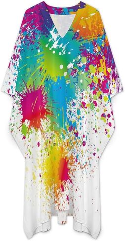 Funny Paint Drop Splatter Colorful Print Men's V-neck Robe Middle East Arabian Robe Butterfly Sleeves Kaftan 3XL in Saudi Arabia