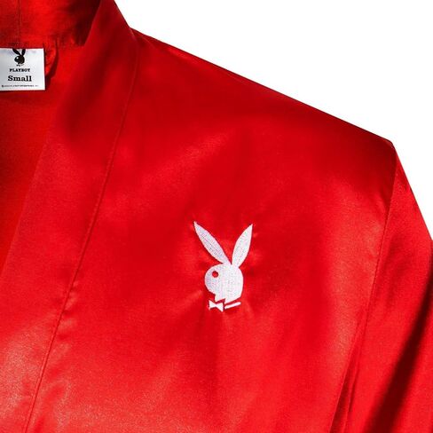 رداء Playboy Satin Mansion باللون الأحمر المميز، ملابس صالة من الساتان للجنسين مع شعار رأس أرنب مطرز in Kuwait