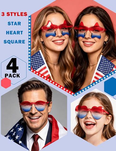4th of July Glasses 4 Pack Patriotic Star Heart Shaped Sunglasses, USA Red White Blue Accessories, Independence Day Decorations, Memorial Day Party Favors in Saudi Arabia