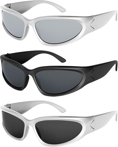 3Pack Y2K Wrap Around Sunglasses for Men Women Silver Glasses Retro 90s Fashion Sport Shades Eyeglasses in Kuwait