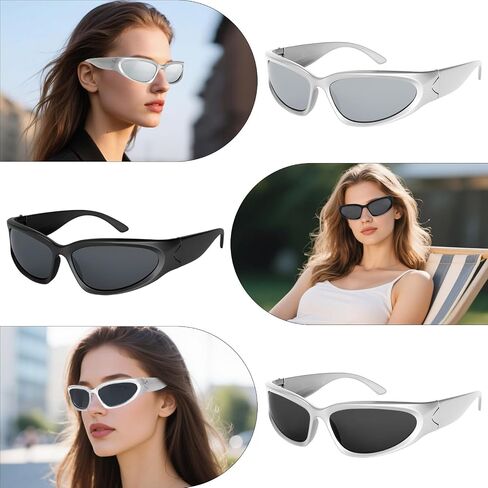 3Pack Y2K Wrap Around Sunglasses for Men Women Silver Glasses Retro 90s Fashion Sport Shades Eyeglasses in Kuwait