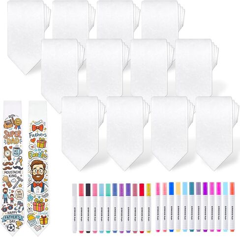 Cutecrop 12 Set Cotton Blank Tie for Father's Day Bulk DIY Color Your Own Necktie with 24 Acrylic Markers, Men's Tie Set, Pure White Bulk Crafts Ties Sets for Creative Personalized Gift in Kuwait