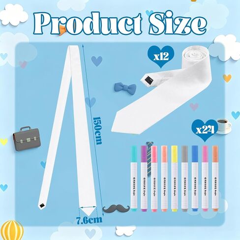 Cutecrop 12 Set Cotton Blank Tie for Father's Day Bulk DIY Color Your Own Necktie with 24 Acrylic Markers, Men's Tie Set, Pure White Bulk Crafts Ties Sets for Creative Personalized Gift in Kuwait