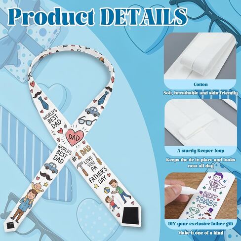 Cutecrop 12 Set Cotton Blank Tie for Father's Day Bulk DIY Color Your Own Necktie with 24 Acrylic Markers, Men's Tie Set, Pure White Bulk Crafts Ties Sets for Creative Personalized Gift in Kuwait