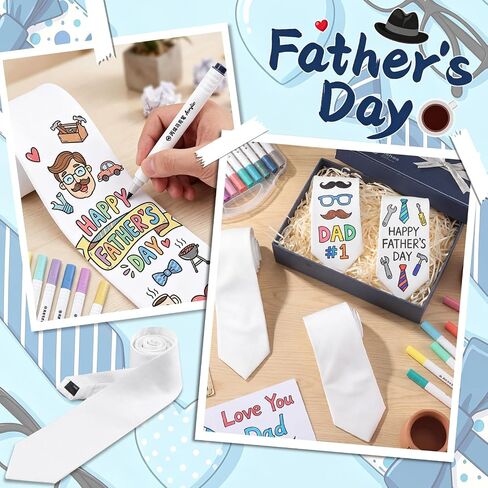 Cutecrop 12 Set Cotton Blank Tie for Father's Day Bulk DIY Color Your Own Necktie with 24 Acrylic Markers, Men's Tie Set, Pure White Bulk Crafts Ties Sets for Creative Personalized Gift in Kuwait