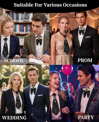 2 Pcs Rhinestone Bow Tie And Necktie Set, Adjustable Pre-Tied Uniform Bowtie For Women Men School Party Wedding in Saudi Arabia