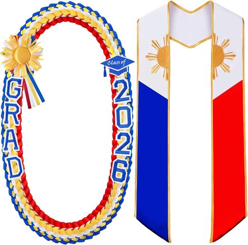 Spakon 2026 Graduation Lei Set, Philippines Embroidered Country Flag Graduation Sash Filipino Stole for Graduate Gifts Party in Kuwait
